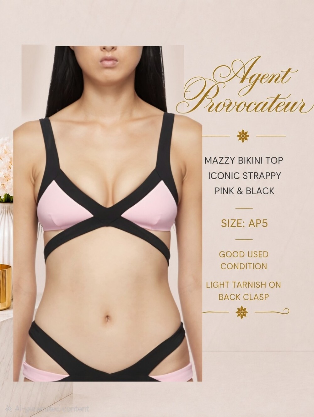 Agent Provocateur Iconic Mazzy Strappy Bikini Top Baby Pink & Black Size L AP5